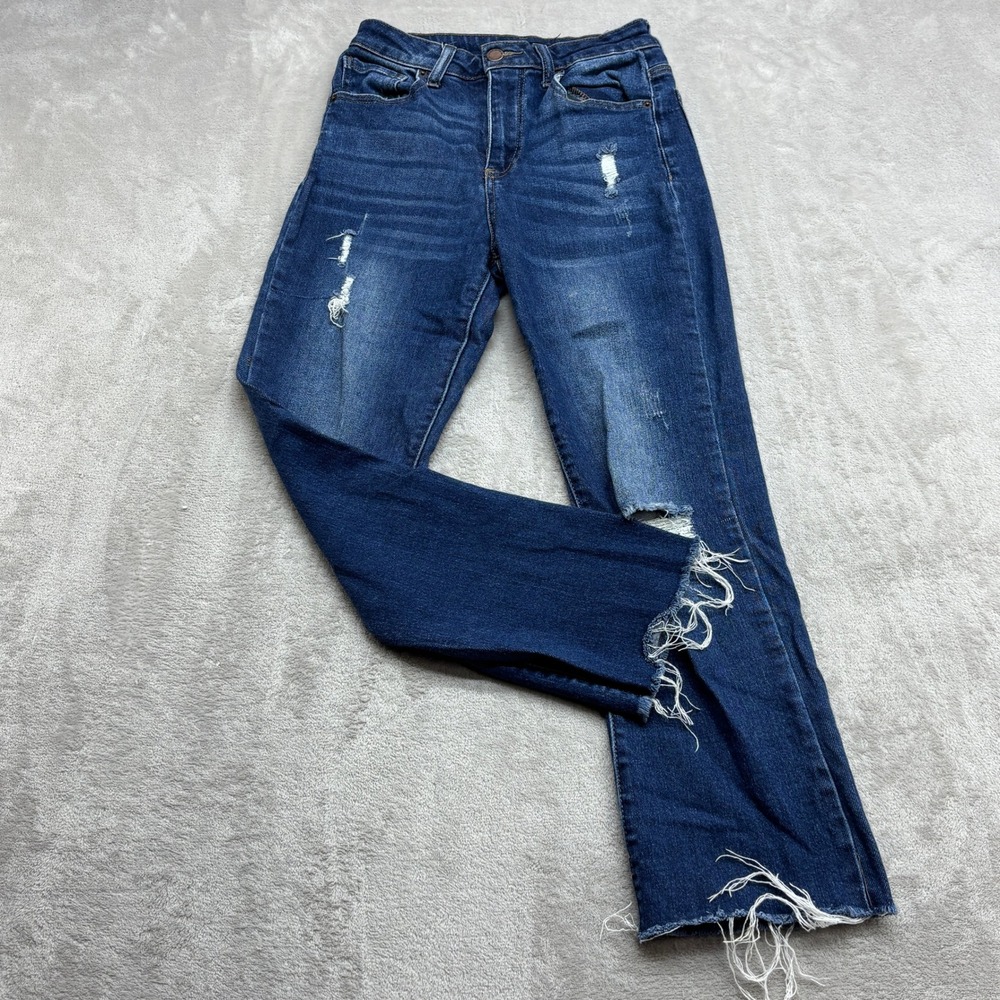 Risen Distressed Straight Leg Jeans Womens 25 Blue High Rise Raw Hem Boho Denim